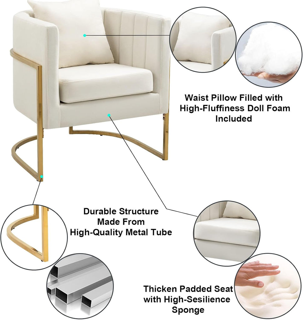 Velvet Accent Chair, Modern Barrel Arm Chair /Bedroom/Guest Reception, Upholstered Club Armchair with Pillow & Gold