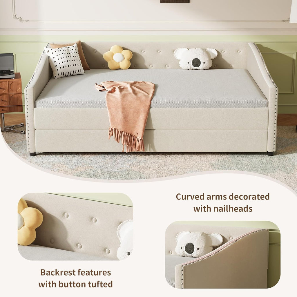 Full Size Upholstered Daybed with Trundle | Twin Size Trundle,Button-Tufted Back, Piping on Waved-Shape Arms, Solid