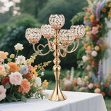 12 Sets Gold 5 Arms Candelabra Centerpiece,Metal Crystal Candlestick Holders Chandelier Crystal Beaded Candle Holder