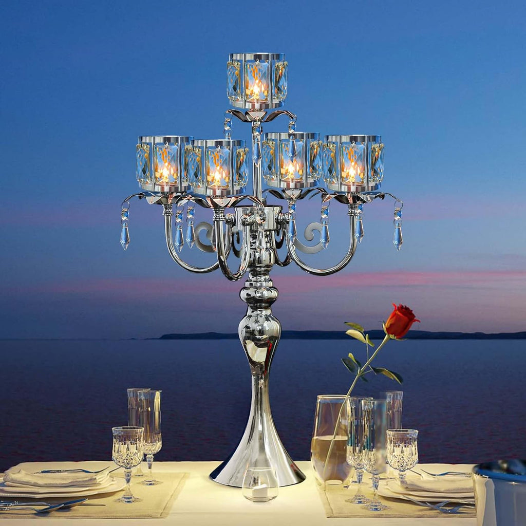 5 Arm Elegant Crystal Candle Holder,Candlestick, 22 Inch Tall Candle Holder Table Candelabra Event Party Table
