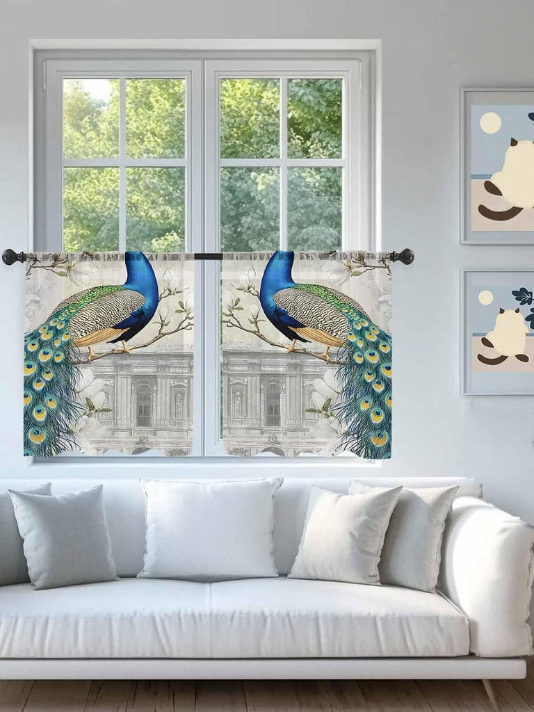 Luxury Peacock Sheer Curtains 45 Inches Length 2 Panels Set, Window Sheer Curtains, Watercolor Vintage Floral Attic