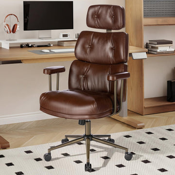 Mid-Century Modern Ergonomic Office Chair, High Back Headrest, Brown