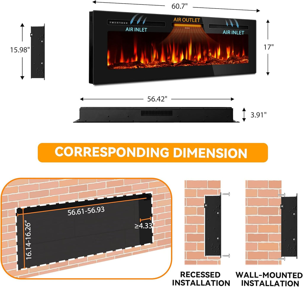 60 Inch Electric Fireplace in-Wall Recessed and Wall Mounted