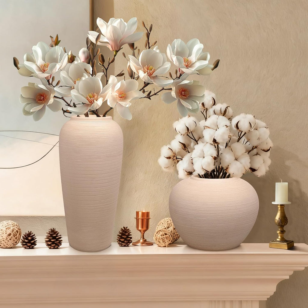 Ceramic Flower Vase Round Textured Vase,Farmhouse Vase(6" Tall, 7.7" Width) | Wide Round Terracotta Rustic Vases