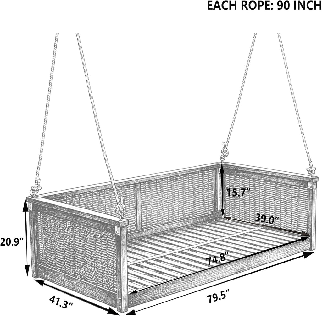 Twin Size Outdoor Porch Swing Bed, Solid Wood Rattan Swing Daybed Frame with Long Ropes , Poolside, Backyard, Black