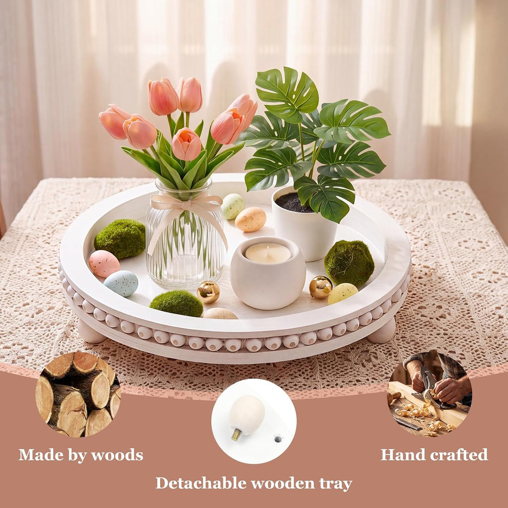 11.8 Inch Round Wooden Decorative Tray, Distressed White Farmhouse Beaded Tray for Coffee Table, Rustic Wood