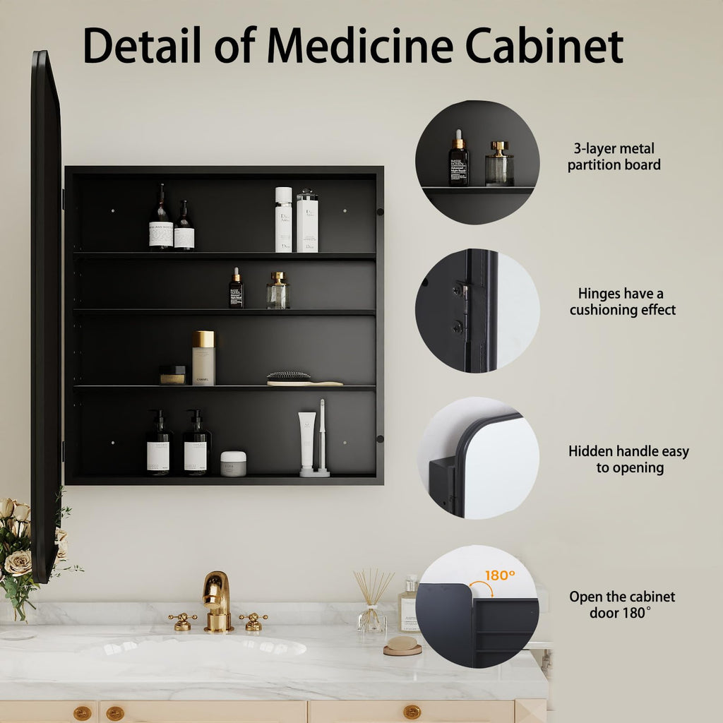24"x32" Black Bathroom Medicine Cabinet Rounded Rectangle Mirror