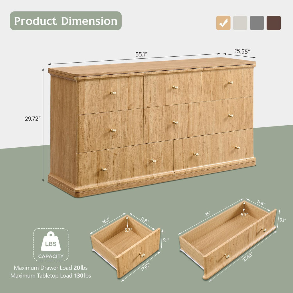 Modern 8 Drawers Dresser , 55" Wide Wood Dressers & Chests of Drawers w/Curved Waterfall Edge, Large Storage Dressers