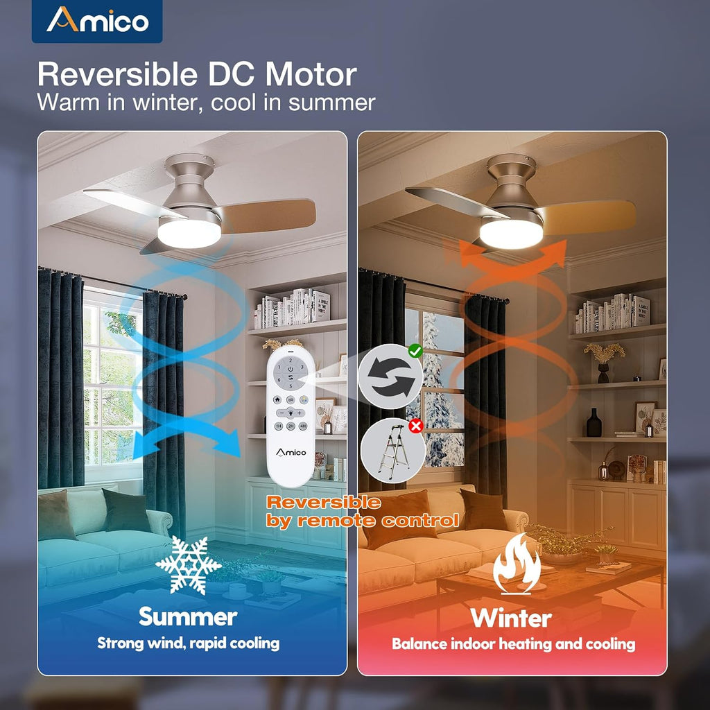Ceiling Fans with Lights, 30 inch Low Profile Ceiling Fan with Light and Remote Control, Flush Mount, Reversible, 3CCT, Dimmable, Noiseless, Nickel Ceiling Fan for Bedroom, Indoor/Outdoor Use