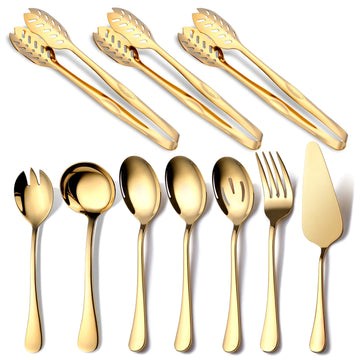 Gold Serving Utensils, 10-Piece Polished Stainless Steel Gold Serving Utensils Set Include Serving Spoons, Slotted
