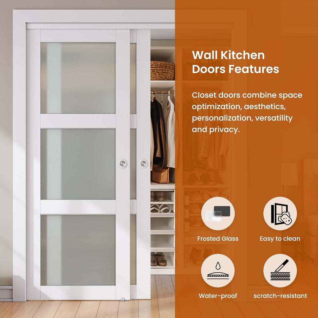 Sliding Closet Door, 72"×80"(Double Barn Doors 37"), Double Frosted 3 Panel Glass Sliding Door with Hardware Kit, Pre-Drilled Door Panel, Need to Assemble, MDF with PVC Surface, White