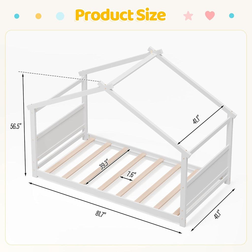 Tw Bed, Montessori Floor Bed with Headboard & Footboard, Solid Wood Bed Frame for Toddlers Kids Bedroom, White