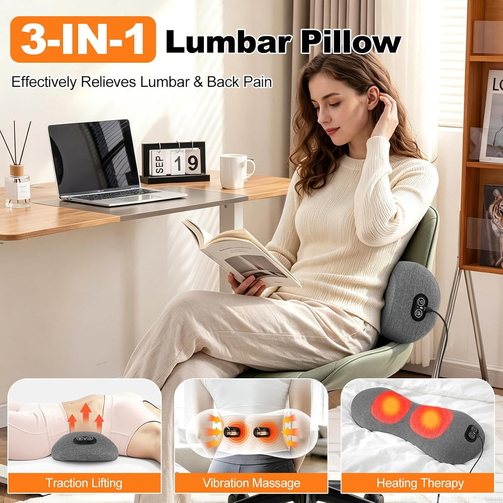 3-in-1 Lumbar Support Pillow with Heat & Massage, Ergonomic Memory Foam Lower Back Massager for Pain Relief Deep