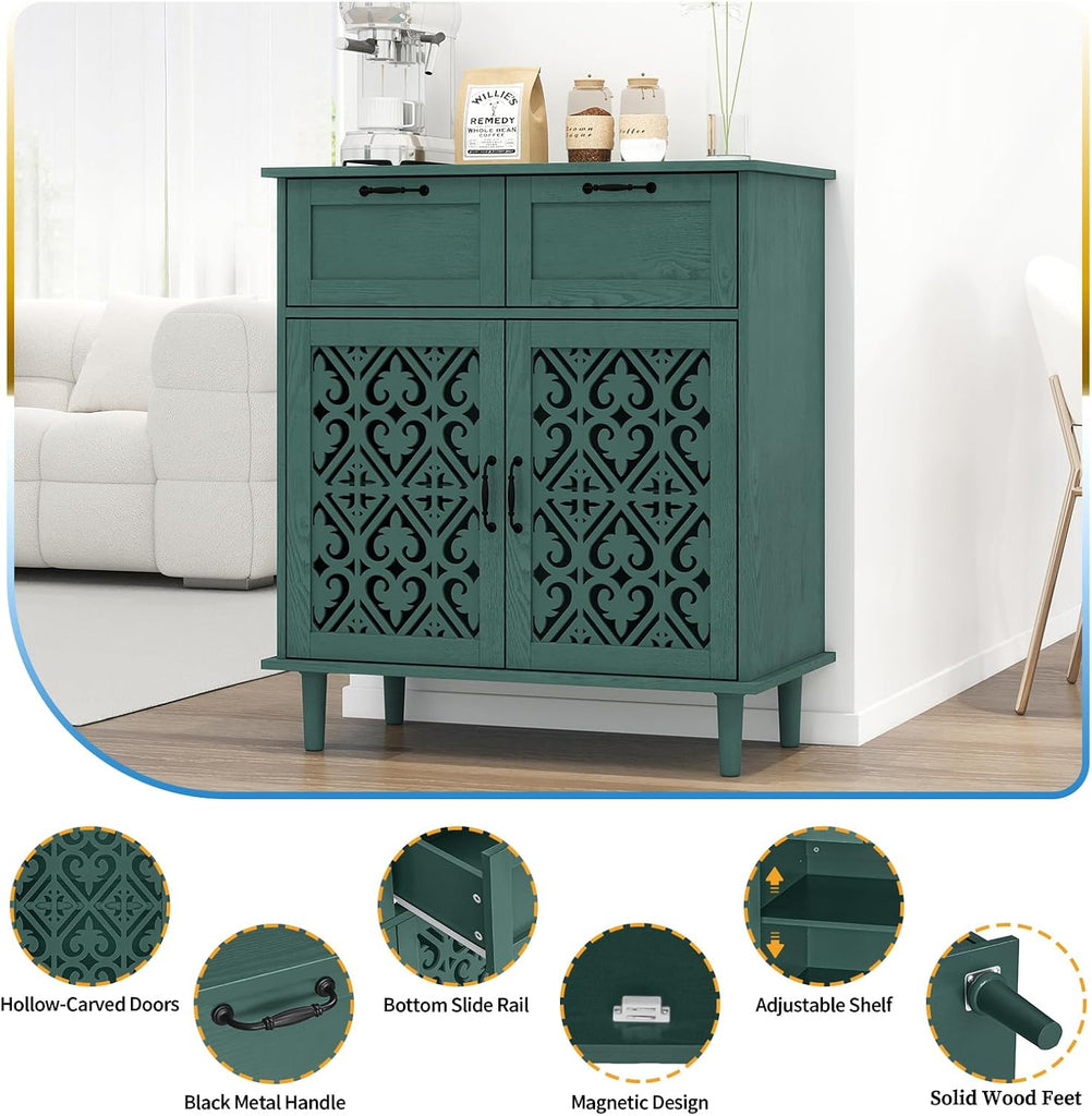 Kitchen Storage Cabinet with Drawers - Accent Cabinet with Carved Door, Floor Sideboard Buffet with Storage, Small