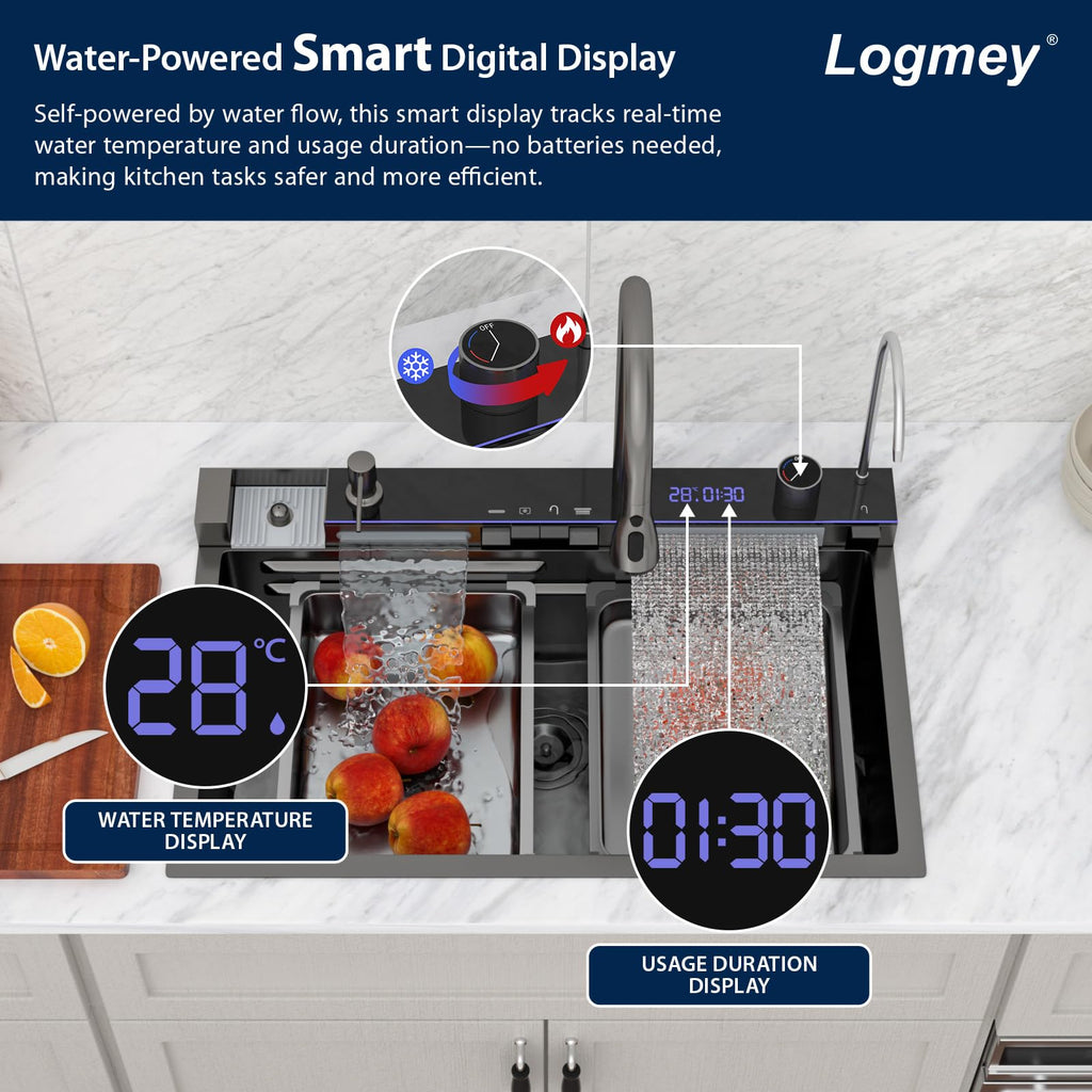 30x19 Inch Black Waterfall Sink with Digital Display