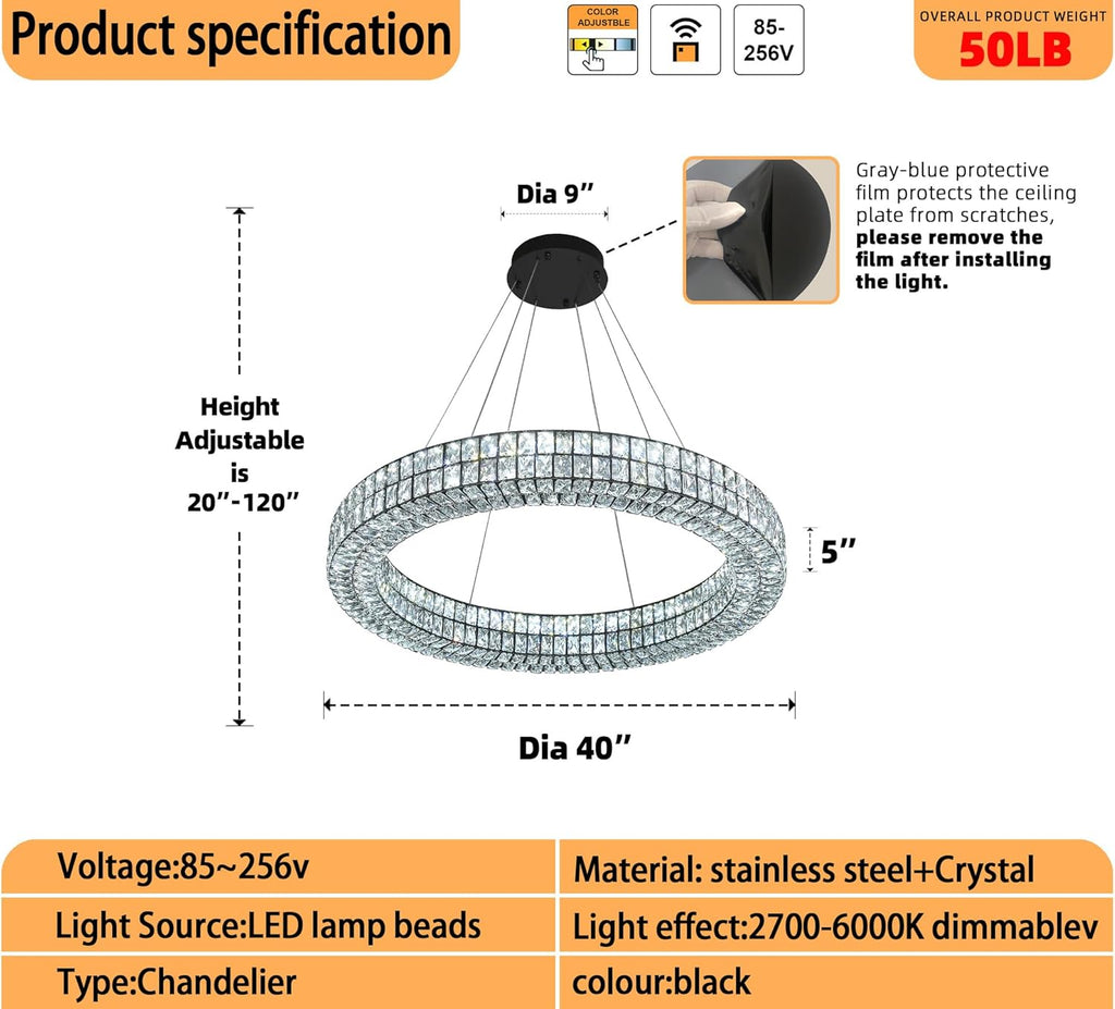 Modern Black LED Ring Chandelier Dimmable Crystal Chandeliers for Dining Room Foyer Living Room Entryway Staircase(2700K-6000k, D40 inch)