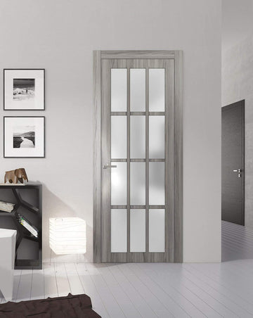 Slab Barn Door Panel Frosted Glass 12 Lites | Felicia 3312 Ginger Ash Grey | Sturdy Finished Doors | Pocket Closet