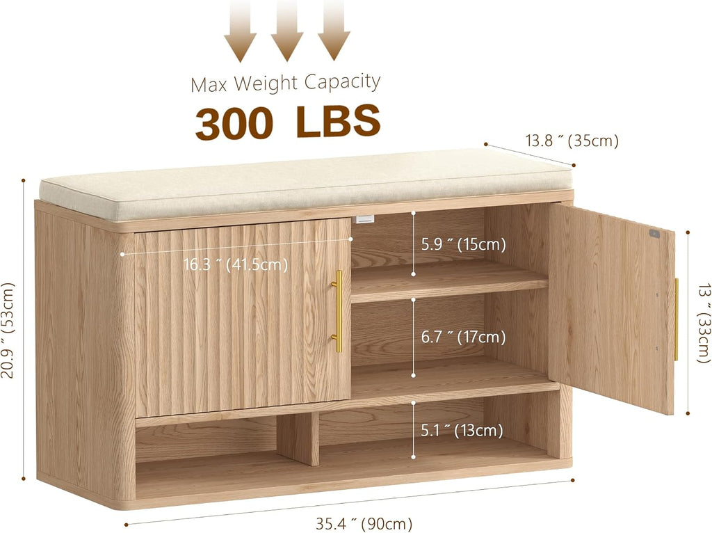 Fluted Shoe Storage Bench with Cushion, Entryway Bench with Adjustable Shelves and Open Bottom Shelf, Hidden Shoe