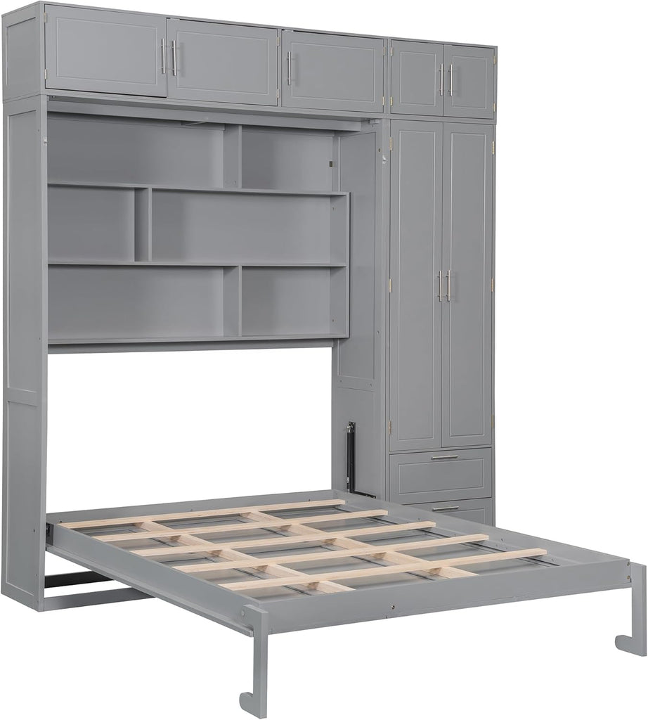 Queen Murphy Bed with Shelves, Top Cabinet and Wardrobe, Fold into The Wall, Multifunctional Foldable Platform Bed