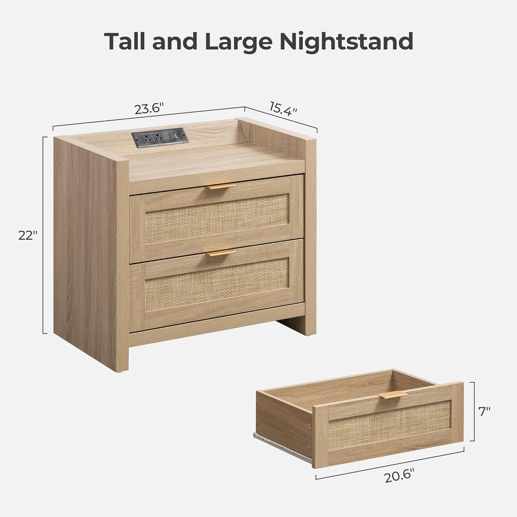 Rattan Nightstands Set of 2 Bedside Table - Bed Night Stand with Type-C Charging Station, 2 Drawers Storage - Boho