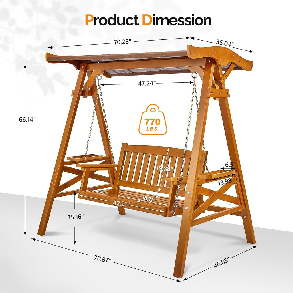 Porch Swing with Stand and Canopy, Waterproof Patio Swing, Brown | Waterproof Canopy; Sturdy Swing Stand; Built-in