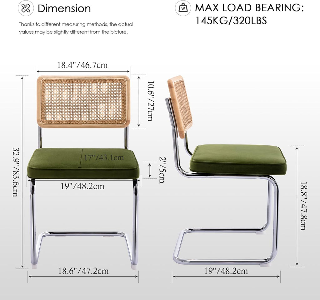 Natural Rattan Dining Chairs Set of 2, Olive Green Modern Kitchen Chairs with Solid Wood Back & Chrome Base