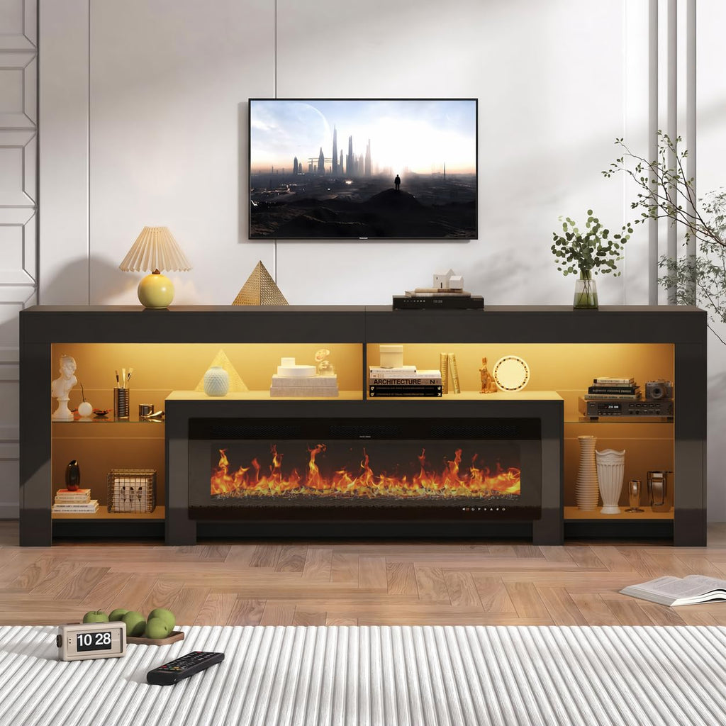 94.5" Extra Long with 50" Electric Insert, Modern High Gloss Entertainment Center for Up to 100" TVs, Media Console