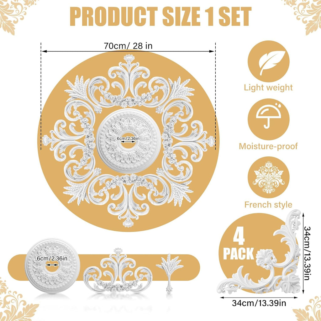 9 Pcs 2.36'' ID Ceiling Molding Set Large 28 Inch PU Ceiling Medallion Combination Decorative with 4 Pcs Corner French