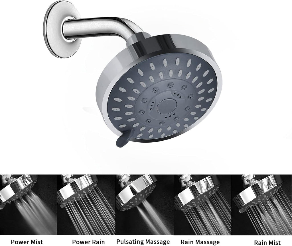 Shower Head High Pressure Rain Fixed Showerhead 5-Setting with Adjustable Metal Swivel Ball Joint