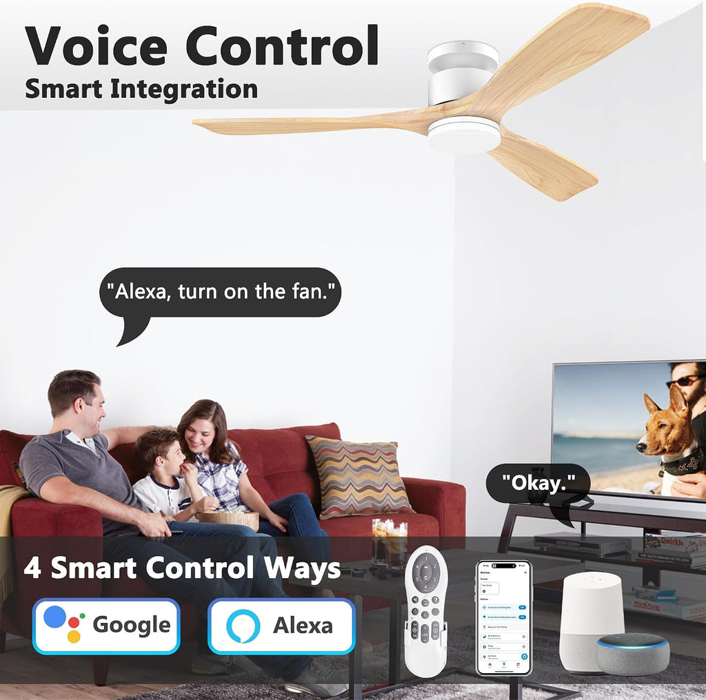 52 Inch Smart Flush Mount Ceiling Fans with Lights Remote, Wood Outdoor Indoor Ceiling Fan, WIFI Alexa App Control