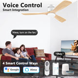 52 Inch Smart Flush Mount Ceiling Fans with Lights Remote, Wood Outdoor Indoor Ceiling Fan, WIFI Alexa App Control