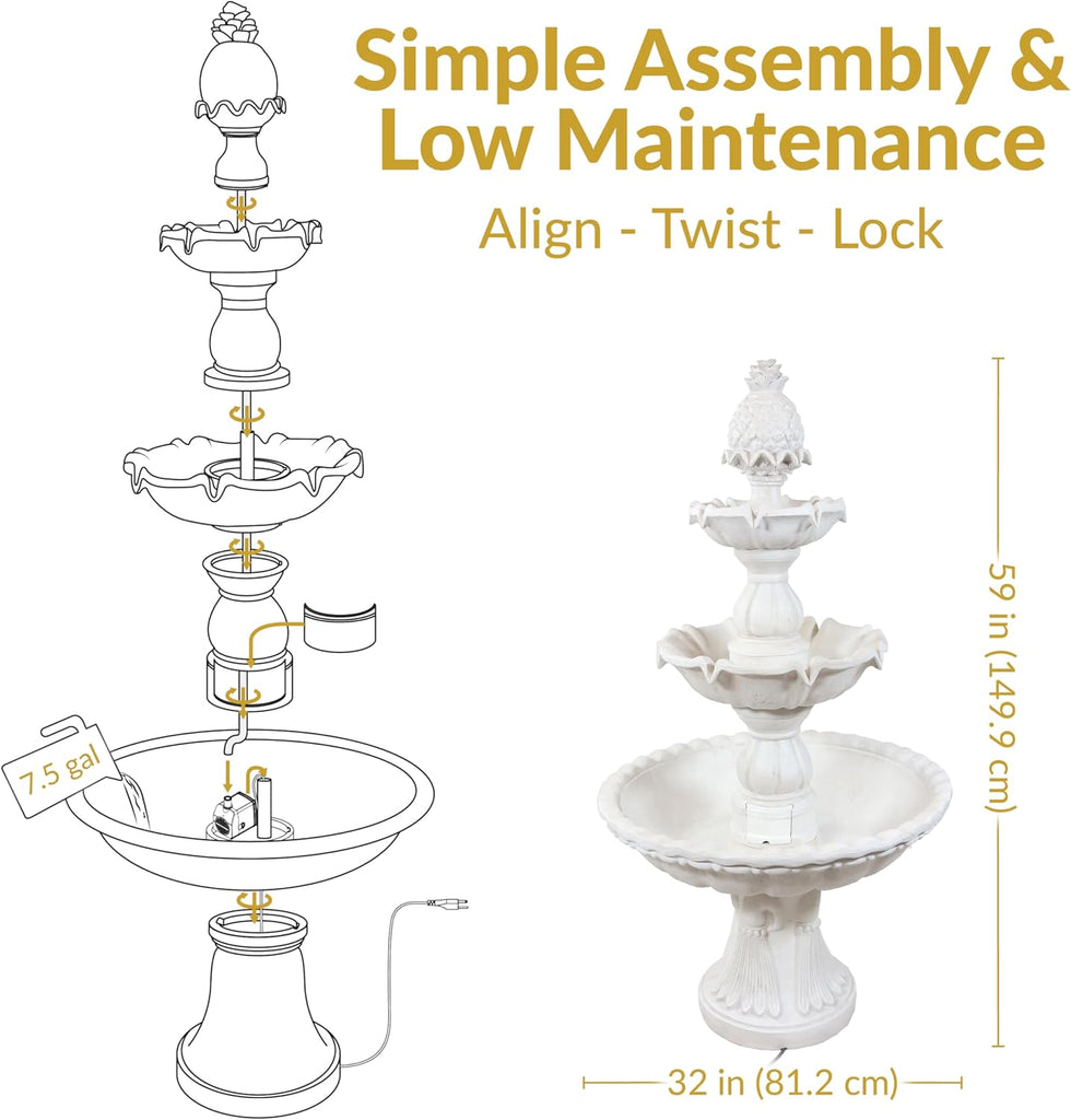 57" H Welcome 3-Tier Water Fountain - Large Electric Water Fountain with Pineapple Topper or Yard - Deep Espresso
