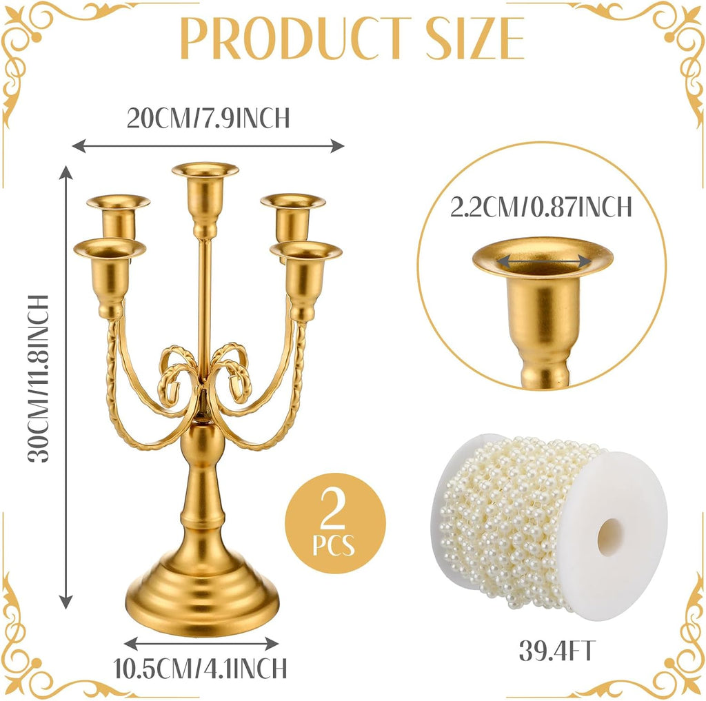 Metal Gold Candelabra Centerpiecedle Stand with 39.3 ft Pearl Chains 11.8'' Tall 5-branch Vintage Taper Candlestick
