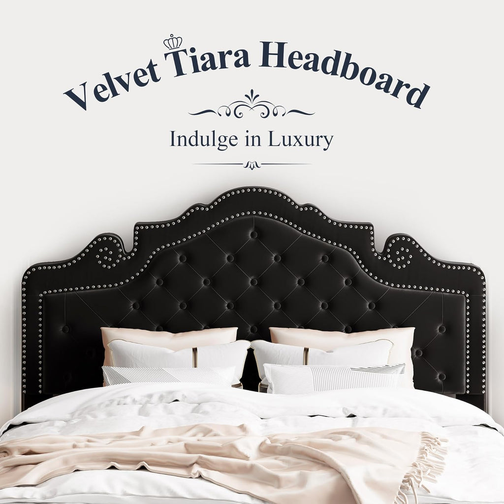 Full Bed Frame with Adjustable Velvet Tiara Headboard, Upholstered Diamond Button Tufted Platform Bed