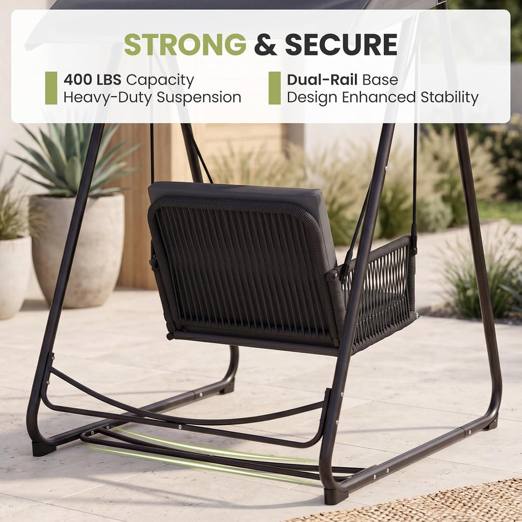 Porch Swing with Stand, Outdoor Swing with Canopy, All Weather Outdoor Swings for Adults, 400lbs Heavy Duty Porch