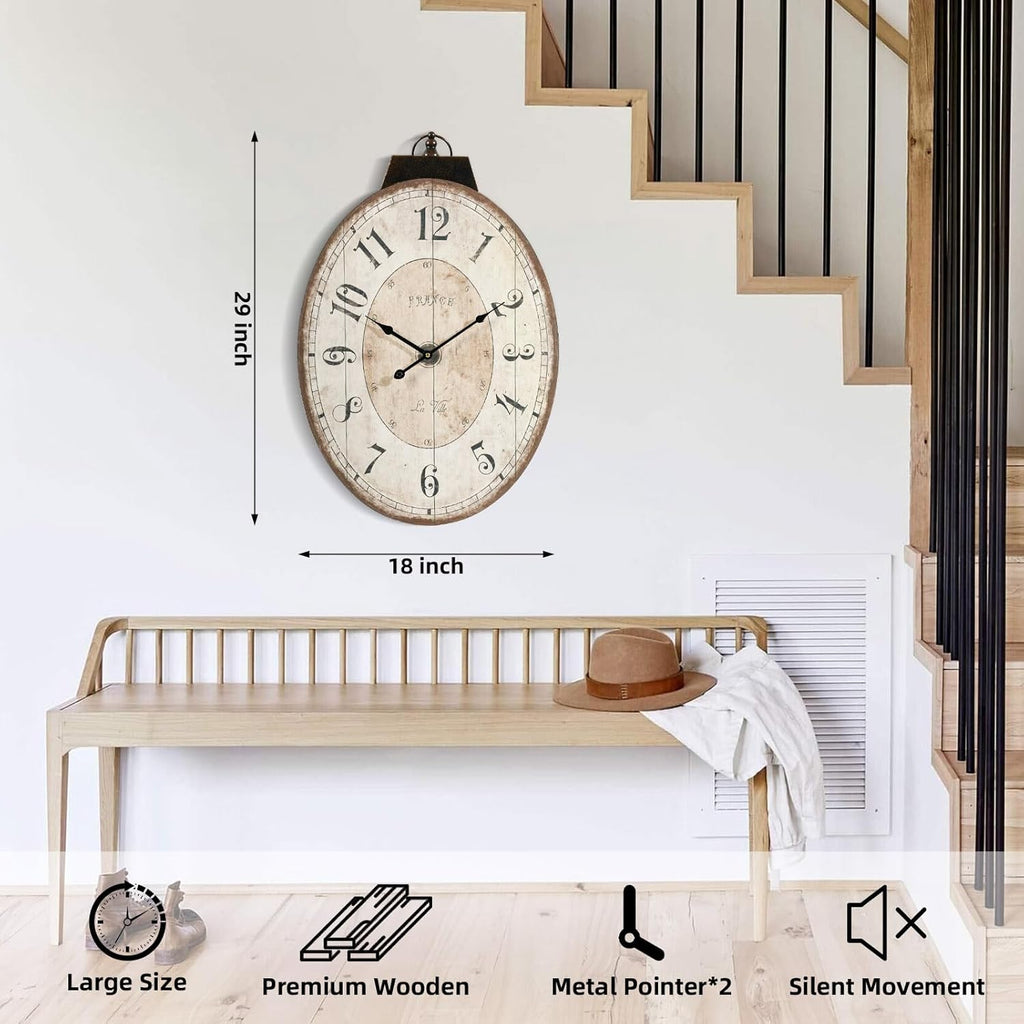 HOME Large French Country Oval Wall Clock for Living Room Decor, Rustic Farmhouse Wall Clock Decorative