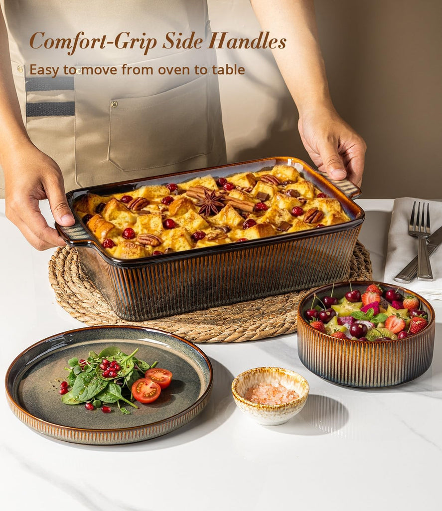 Casserole Dishes for Oven, Ceramic Dish Set of 3 | Deep Rectangular Dishes with Handles, Reactive Glaze Bakeware Set