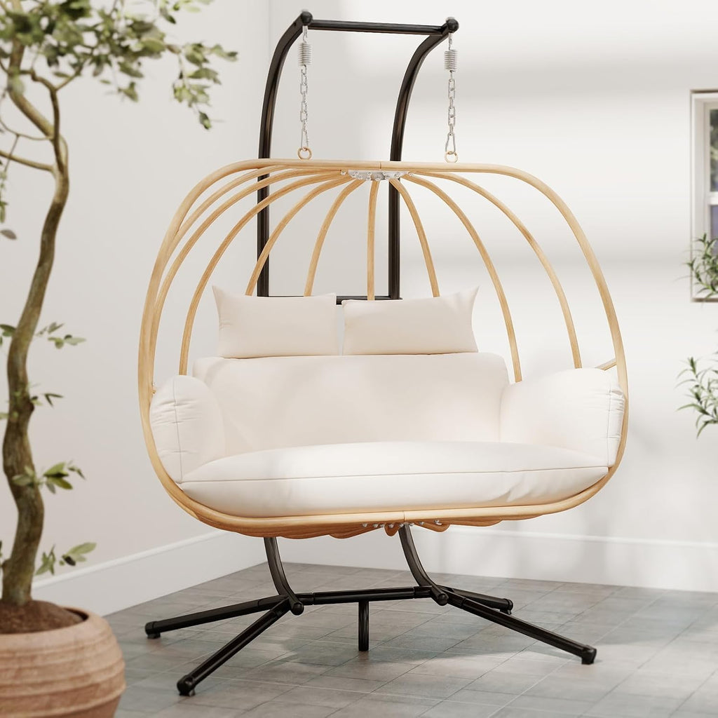 Double Egg Swing Chair with Stand, Oversized Egg Chair Outdoor Indoor, Hanging Swing Chairs with Cushions, Extra