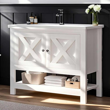 Farmhouse Bathroom Vanity with Sink, 35 Inch Bathroom Vanity Cabinet, Freestanding Vanity, 2 Doors and Open Shelf, Bathroom Cabinet with Ceramic Sink, White