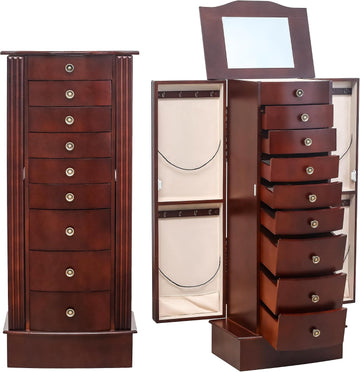 8 Drawers Jewelry Armoire, Standing Jewelry Box with Top Flip Makeup Mirror, Wood Jewelry Cabinet with Side Swing