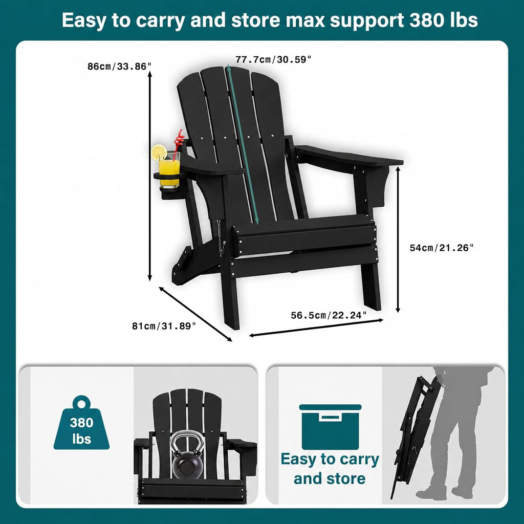 Folding Adirondack Chair with Cup Holder - All-Weather HDPE Outdoor Chair, Ultra-Portable Lawn Chair with Ergonomic