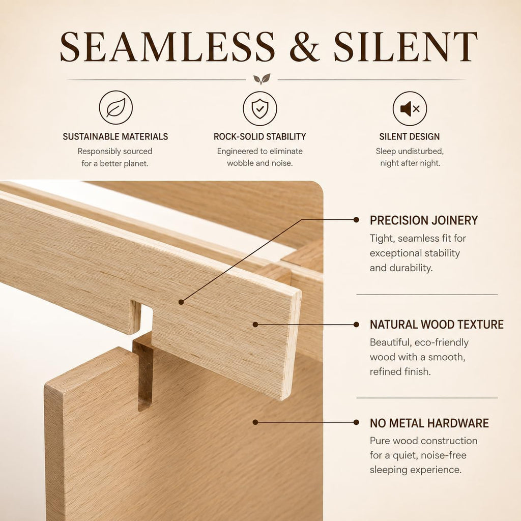 Queen 100% Solid Wood Platform Bed Frame, No Tools Japanese Joinery Wood Bed Frame with Wooden Slat, 8" Under‑Bed