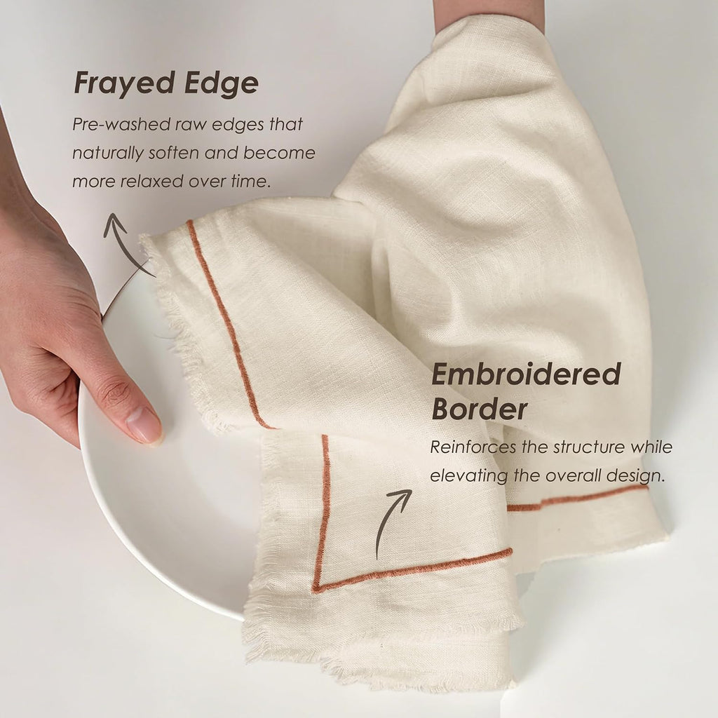 Linen World Dish Towels Set of 4, 20 x 28 Inch Linen Blend Kitchen Towel, Frayed Edge, Embroidered Border, Absorbent