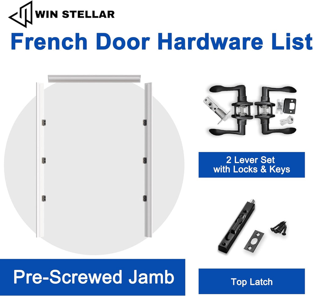 French Door 60" x 80" (Double 30" x 80") Clear Glass Door Slabs with Pre-Hung Jamb, Black Hinges, Levers and Latch, White Primed, French Interior Doors with Frame, Swing Double Bedroom Doors