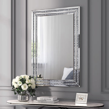 24" x 36" Frameless Bathroom Crystal Decorative Mirror, Crushed Diamond Rectangle Wall‐Mounted Mirror, Silver Accent