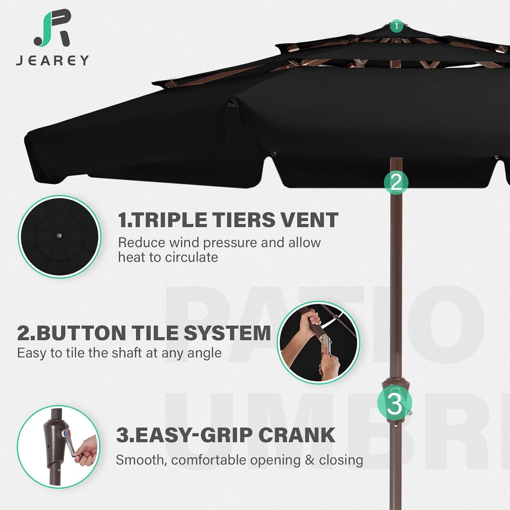 3 Tiers 9 FT Patio Umbrellas Outdoor Table Umbrella with Push Button Market Umbrella 8 Sturdy Ribs UV Protection - Black