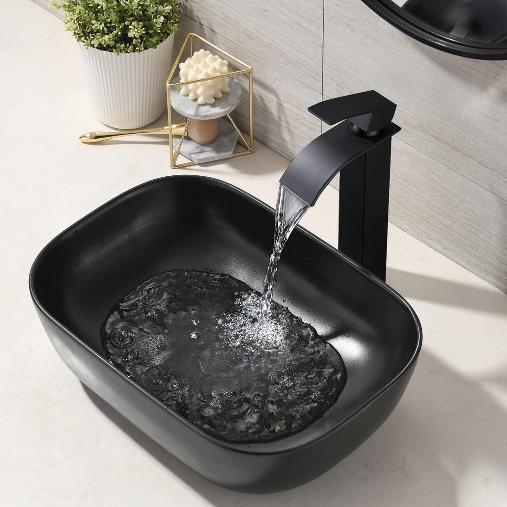 Black Vessel Sink Rectangle, 18"x13" Above Counter Porcelain Ceramic Bathroom Vessel Sink With Faucet and Drain Combo