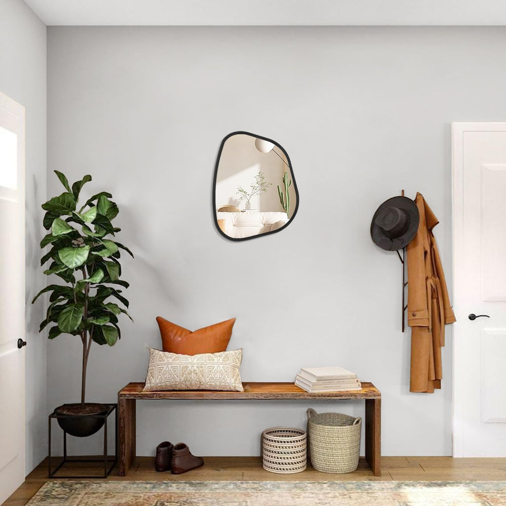 Black Asymmetrical Mirror Irregular Oval Wall Mirror Modern Wood Frame Unique Shape Wall Mounted Vanity Artistic