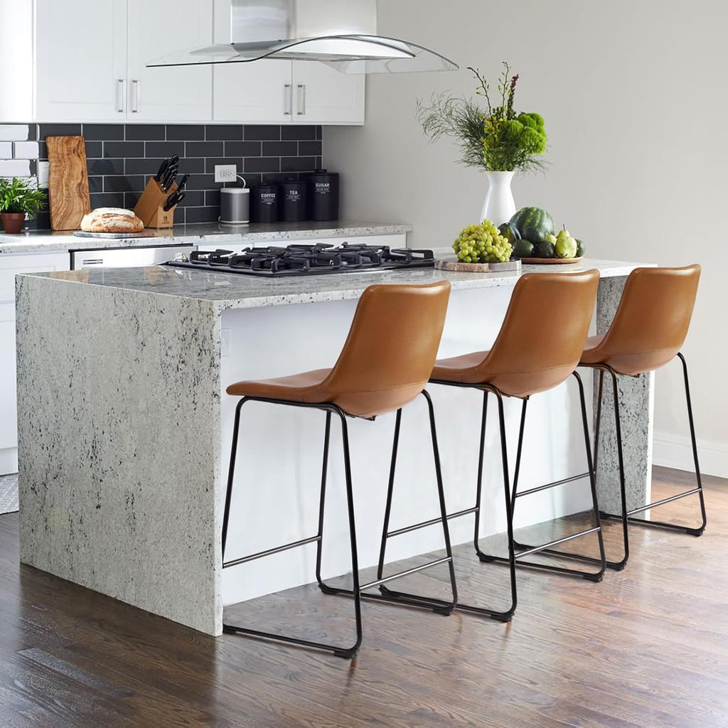 26 inch Bar Stools Set of 4,Counter Height Bar Stools with Back, Modern PU Leather Stools with Metal Leg and Footrest