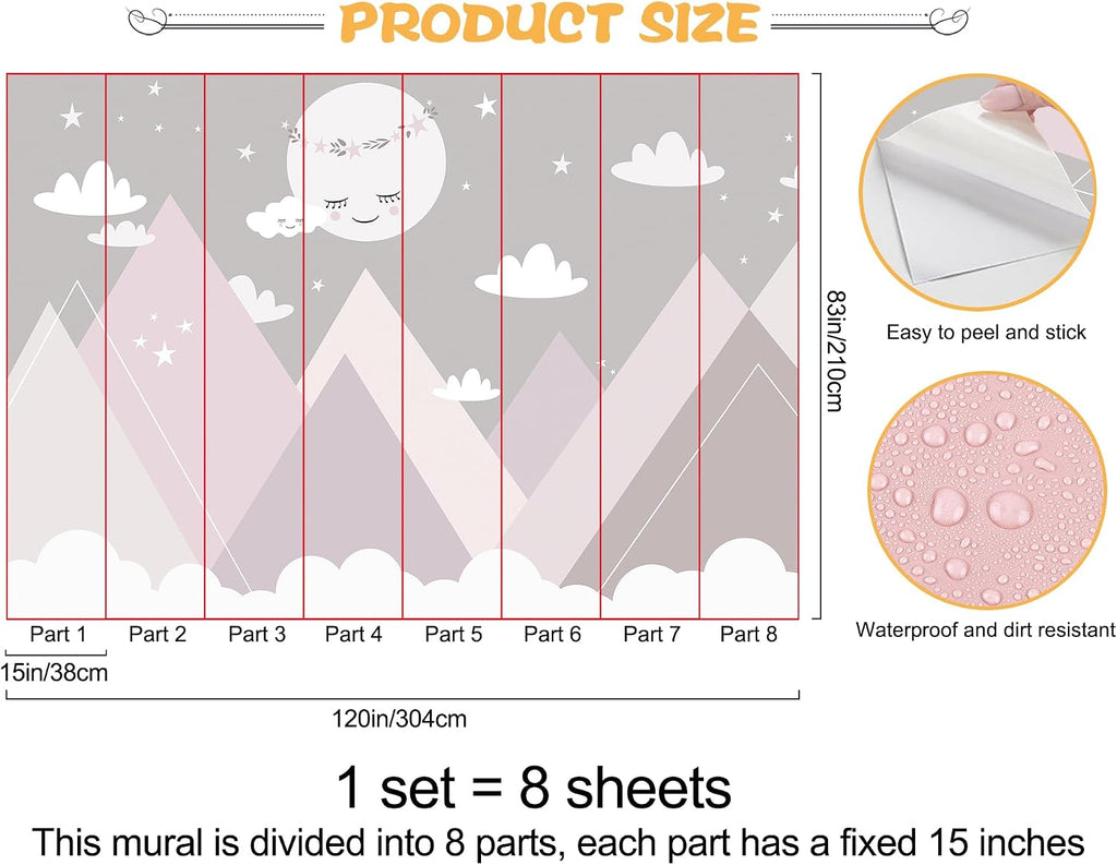 119.6x83inch Large Cartoon Geometric Mountain Wallpaper White Moon and Clouds Wall Decor Decals Murals Peel and Stick